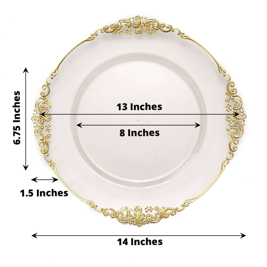 6-Pack Acrylic Charger Plates 13" Round Clear with Gold Embossed Baroque Rim - Antique Decorative Dinner Tableware